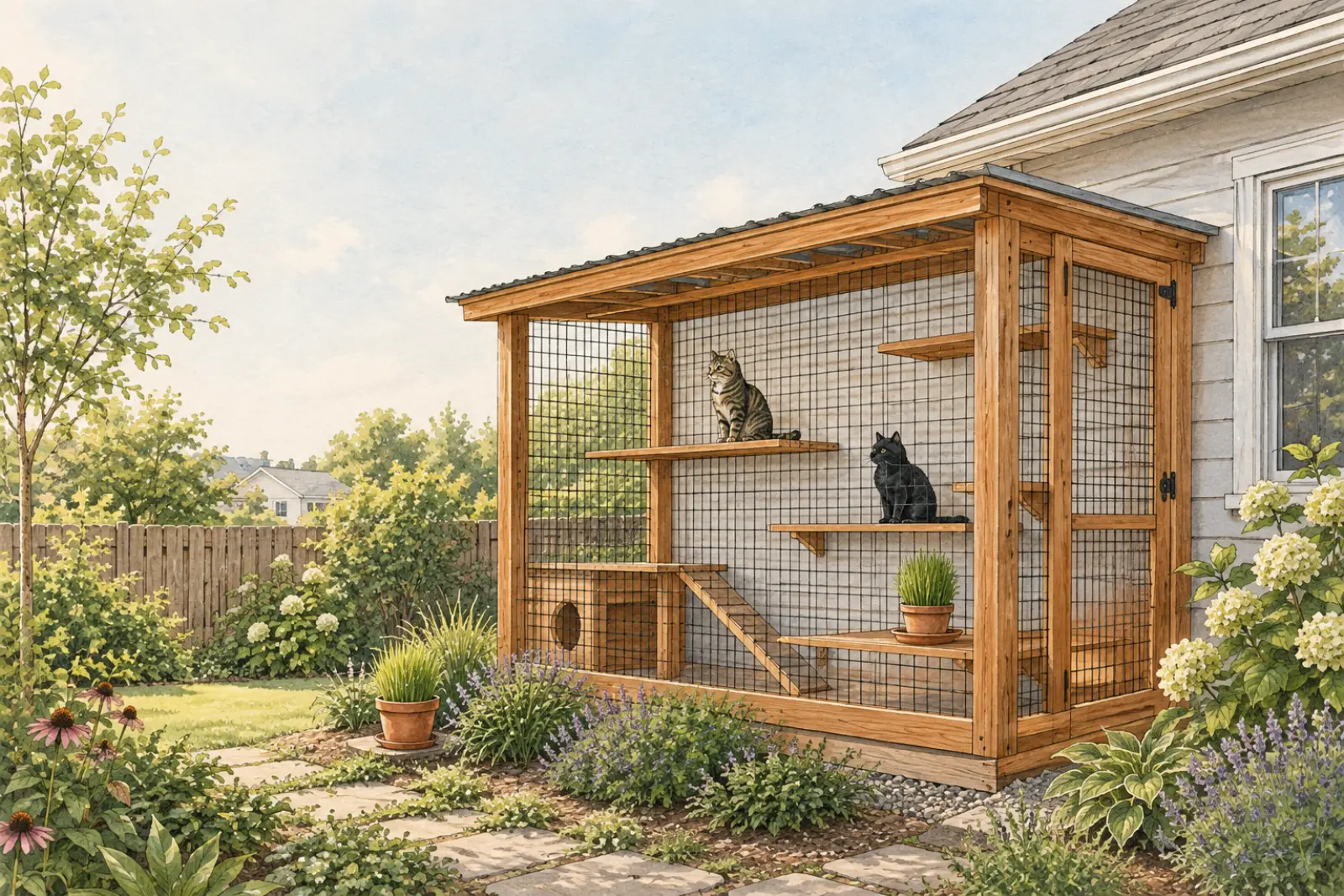Illustration of a cedar and wire catio attached to a house, with two cats on shelves